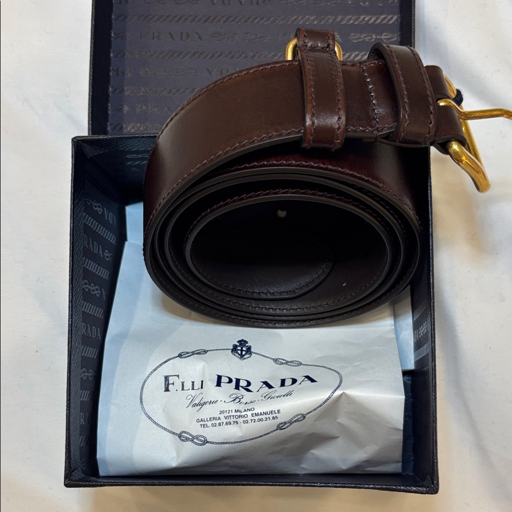 Authentic Prada Brown Leather Belt with Gold Buckle